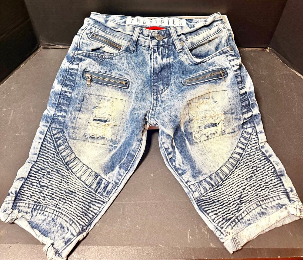 Encrypted Supply Co. moto-style distressed denim shorts